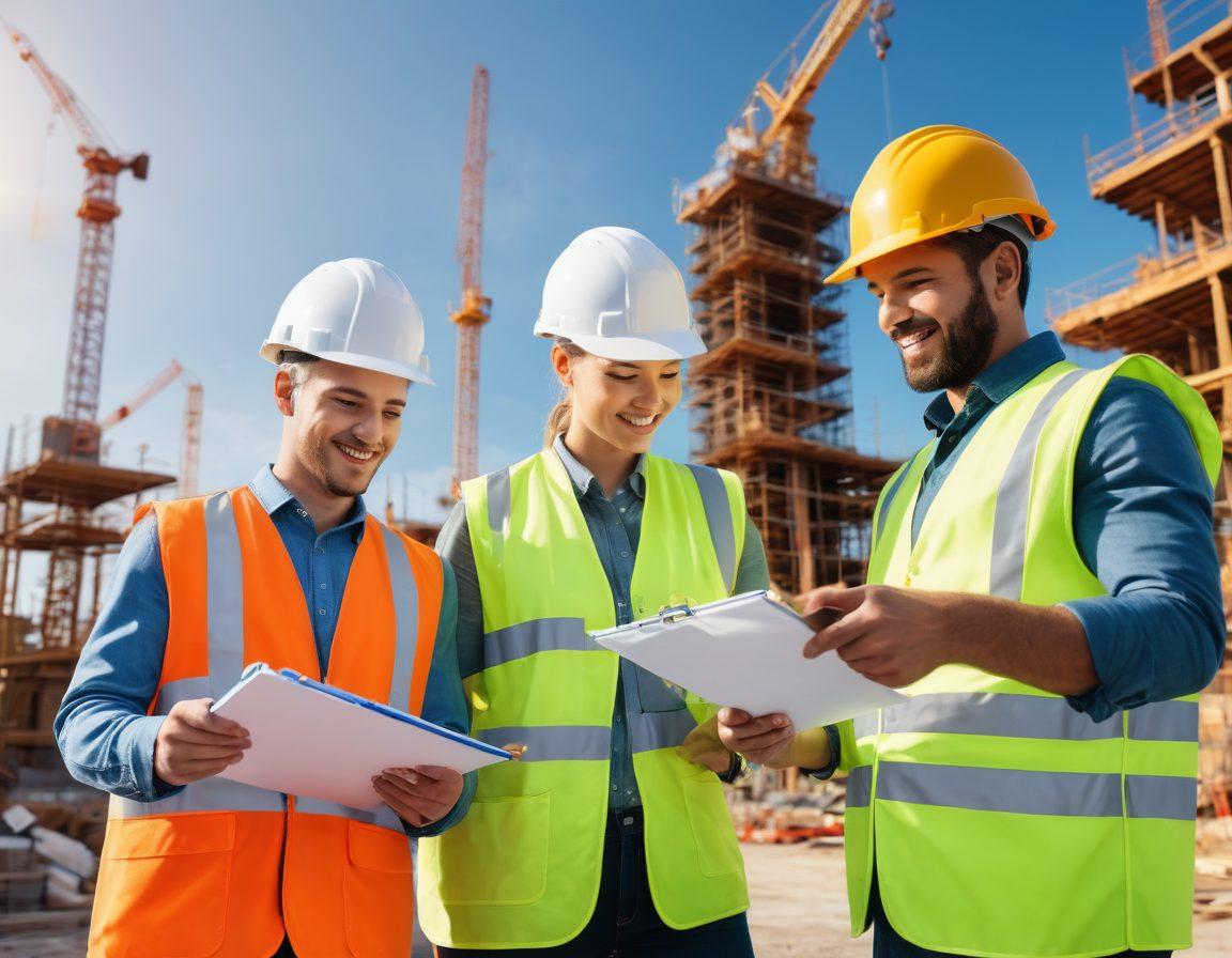 A professional construction site showing diverse contractors engaged in collaboration and assessment, with a clipboard and feedback forms in the foreground. Include visual cues like thumbs up, charts for performance metrics, and a glowing light symbolizing excellence. The background should feature impressive architecture under a clear blue sky. vibrant colors. super-realistic. 3D.