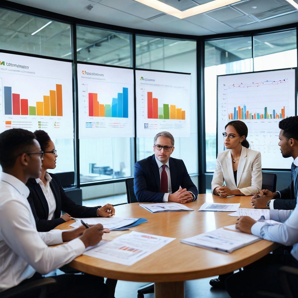 A diverse group of professionals in a modern office setting, analyzing documents and discussing strategies over a conference table. In the background, large screens display graphs and charts related to government contracts. The atmosphere conveys collaboration, focus, and professionalism. The room is filled with natural light, suggesting clarity and transparency. super-realistic. vibrant colors. 3D.